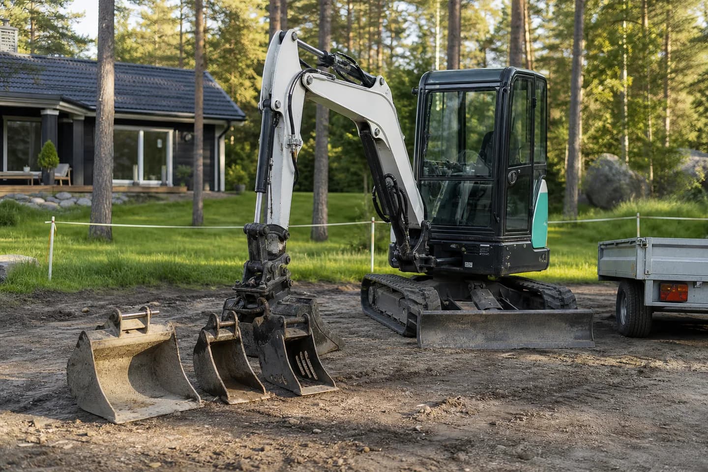 Miniekskavaator ja erinevad kopad tööobjektil